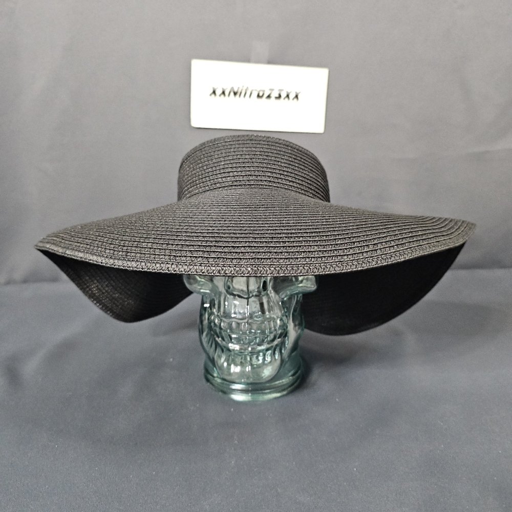 Shade & Shore Wide Brim Straw Visor Hat Womens Black Foldable Adjustable